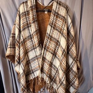 Marc New York Andrew Marc Plaid Fringe Open Cardigan Sweater Brown Ivory One S